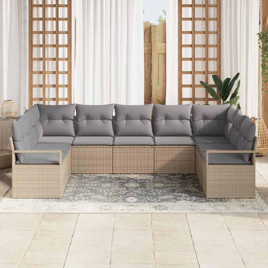 Tuinbankenset met kussen 9 pcs Beige en Licht Grijs poly rattan