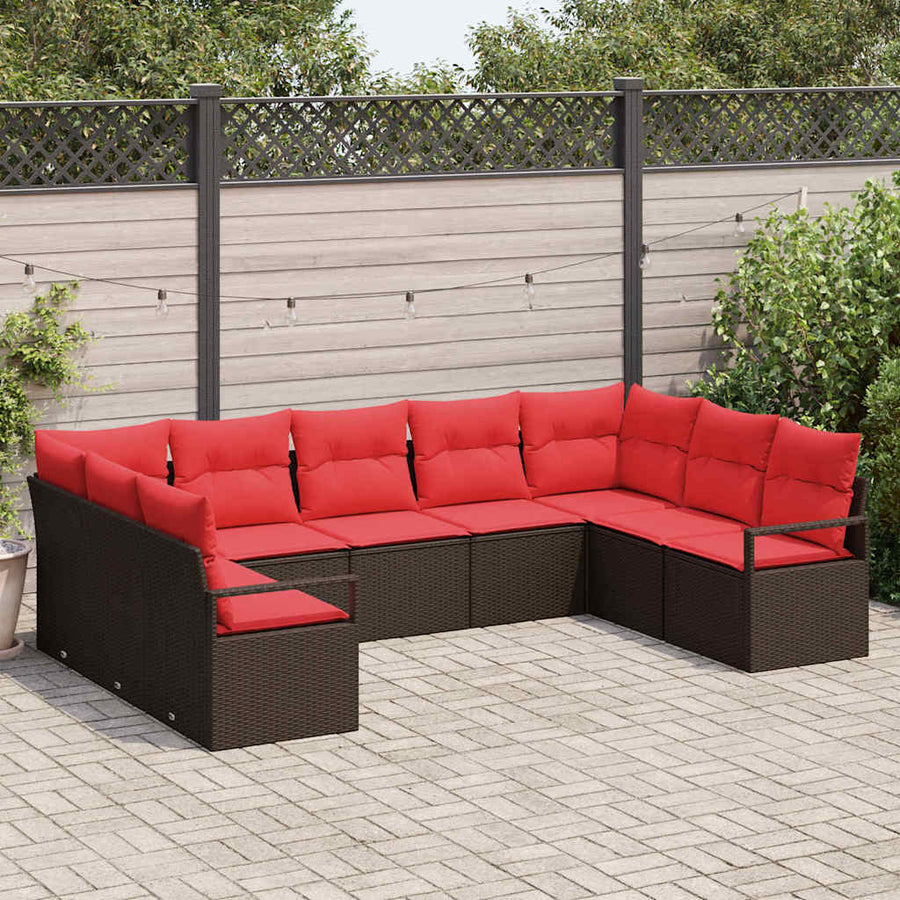 Tuinbankenset met kussen 9 pcs Bruin en Rood poly rattan