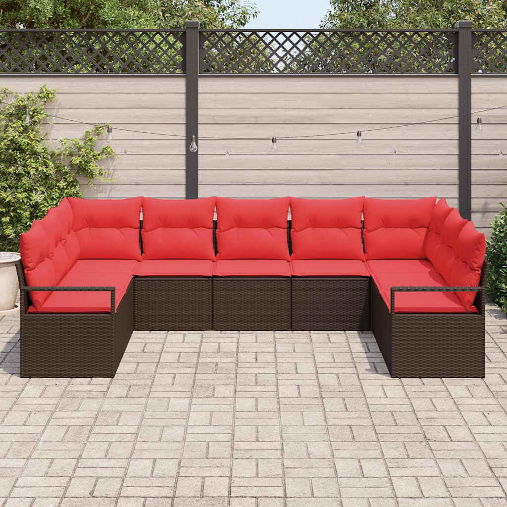 Tuinbankenset met kussen 9 pcs Bruin en Rood poly rattan