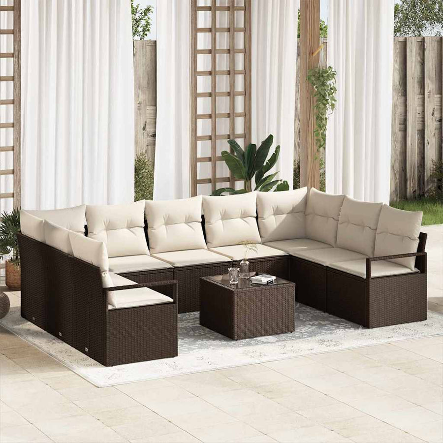 Tuinbankenset met kussen 10 pcs Bruin en Crème poly rattan