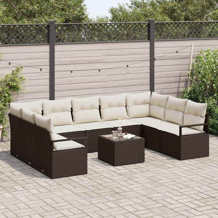 Tuinbankenset met kussen 10 pcs Bruin en Crème poly rattan