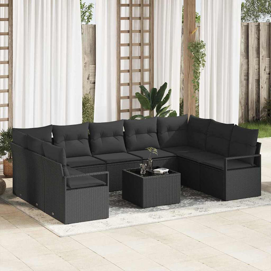 Tuinbankenset met kussen met opslag 10 pcs Zwart poly rattan