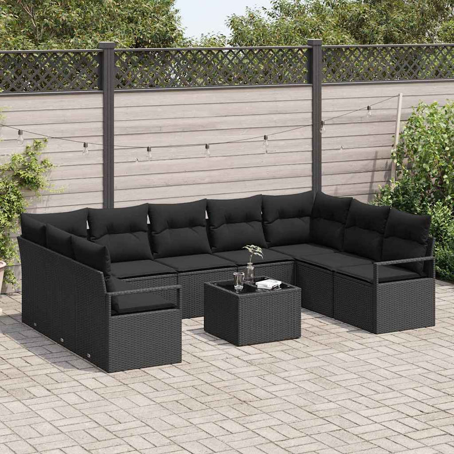 Tuinbankenset met kussen met opslag 10 pcs Zwart poly rattan