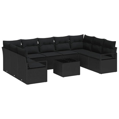 Tuinbankenset met kussen met opslag 10 pcs Zwart poly rattan