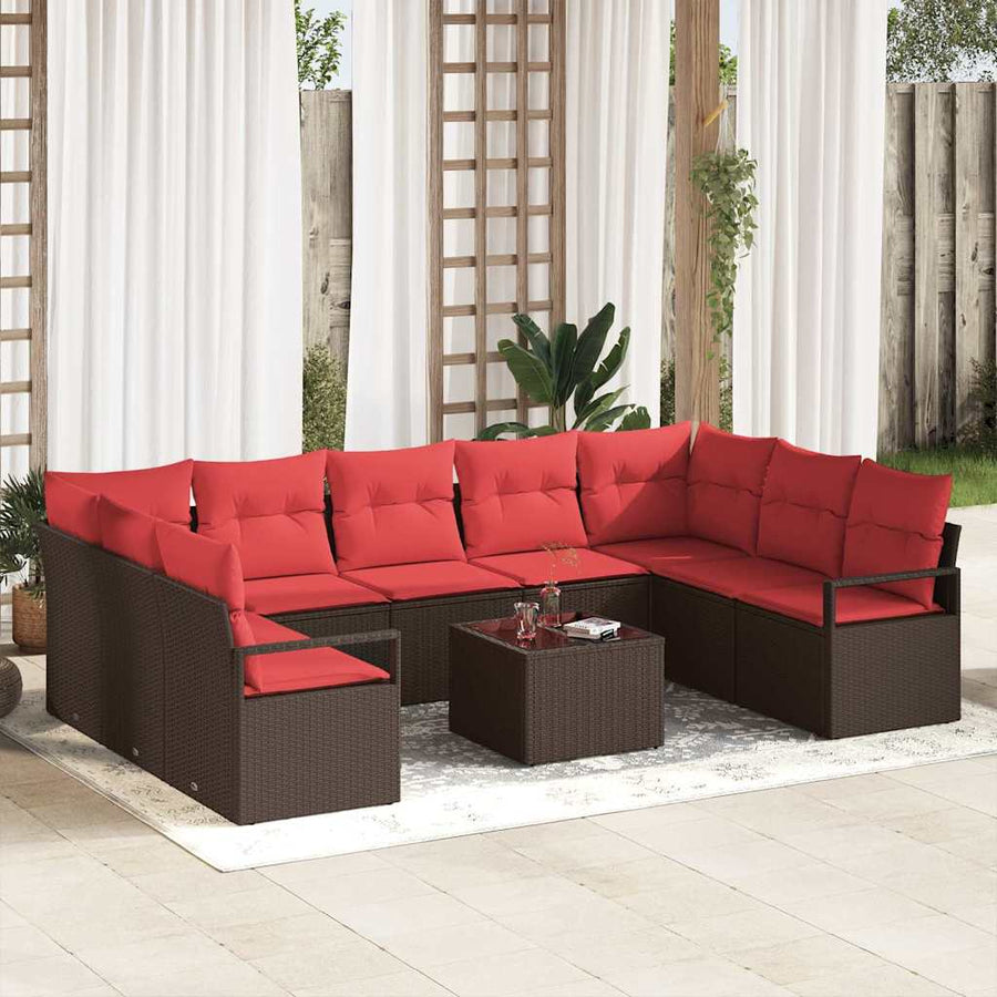 Tuinbankenset met kussen 10 pcs Bruin en Rood poly rattan