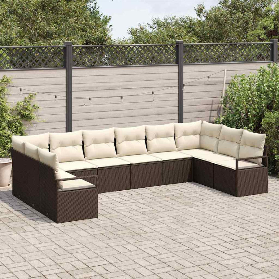Tuinbankenset met kussen 10 pcs Bruin en wit poly rattan