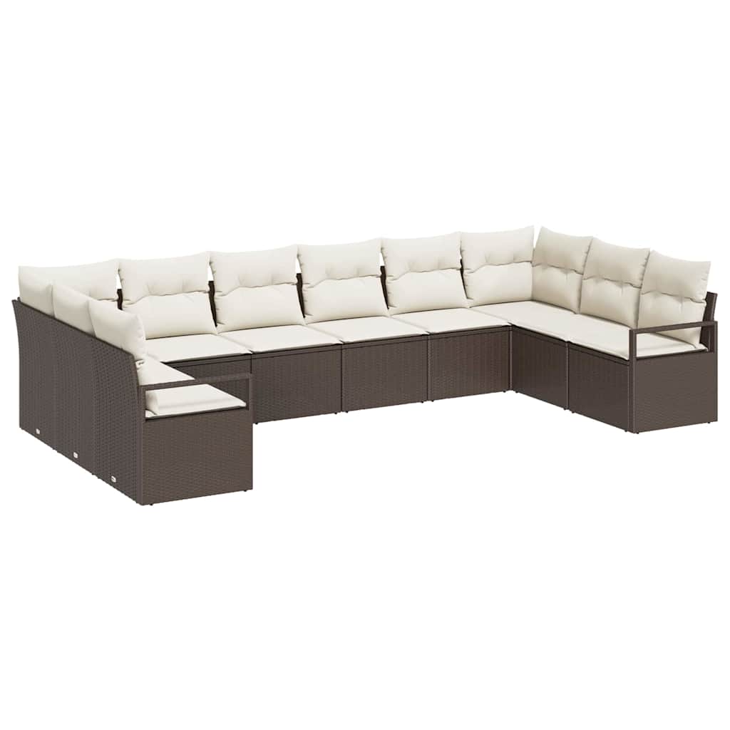 Tuinbankenset met kussen 10 pcs Bruin en wit poly rattan