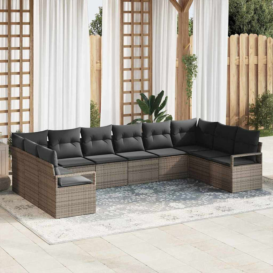 Tuinbankenset met kussen met opslag 10 pcs Grijs poly rattan