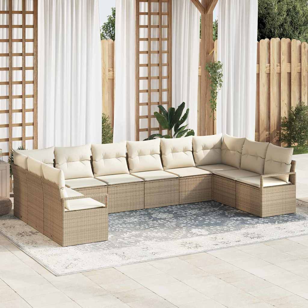 Tuinbankenset met kussen 10 pcs Beige en Wit poly rattan