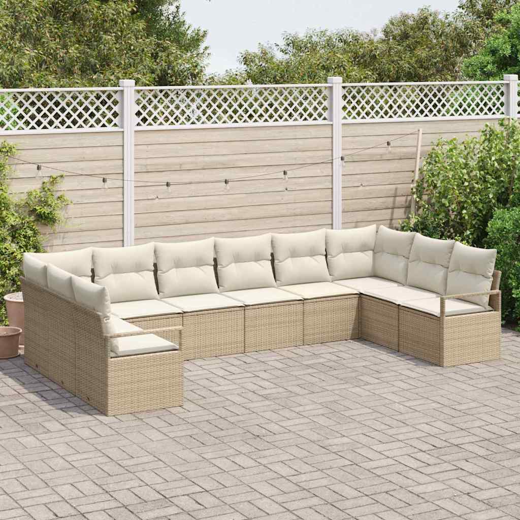 Tuinbankenset met kussen 10 pcs Beige en Wit poly rattan