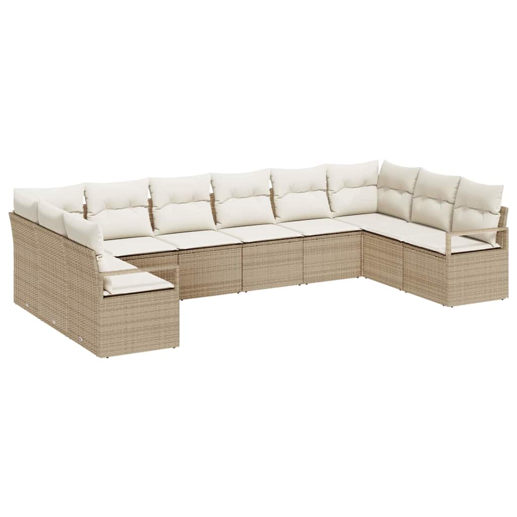 Tuinbankenset met kussen 10 pcs Beige en Wit poly rattan