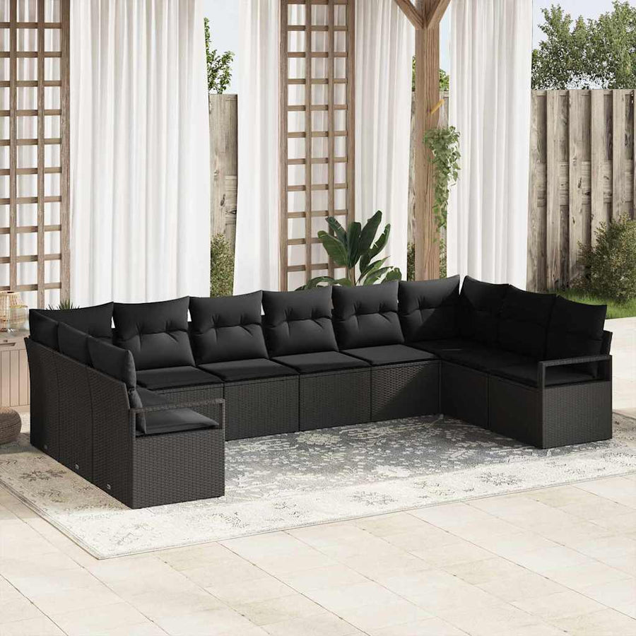 Tuinbankenset met kussen met opslag 10 pcs Zwart poly rattan
