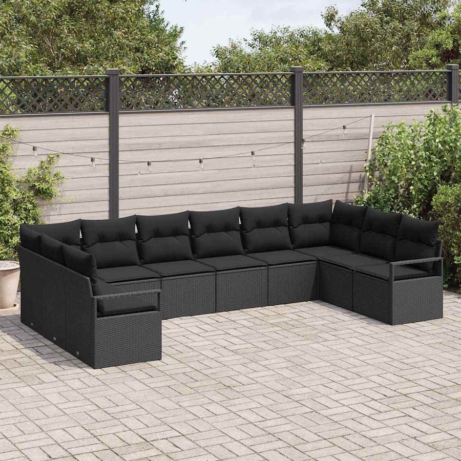 Tuinbankenset met kussen met opslag 10 pcs Zwart poly rattan