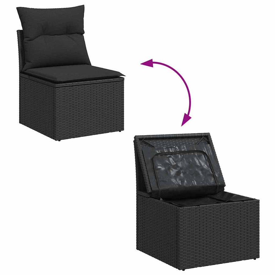 Tuinbankenset met kussen met opslag 10 pcs Zwart poly rattan