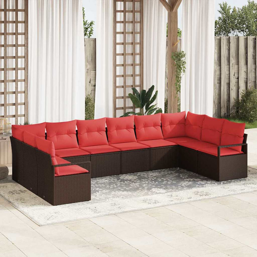 Tuinbankenset met kussen 10 pcs Bruin en Rood poly rattan