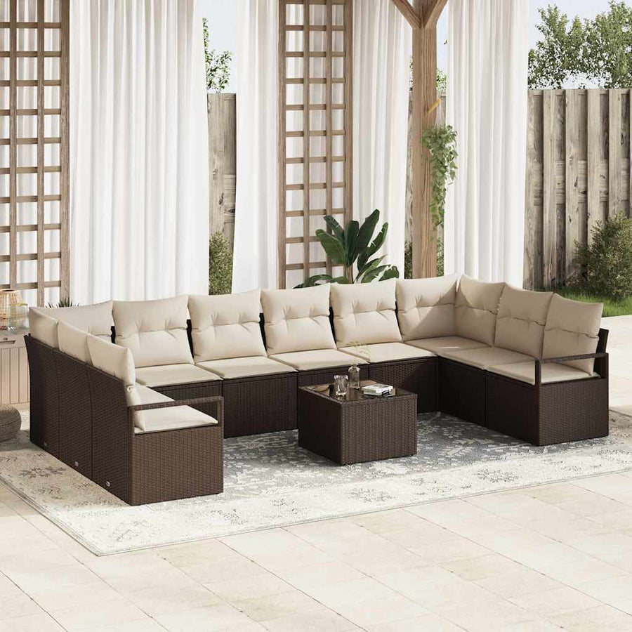 Tuinbankenset met kussen 11 pcs Bruin en Crème poly rattan