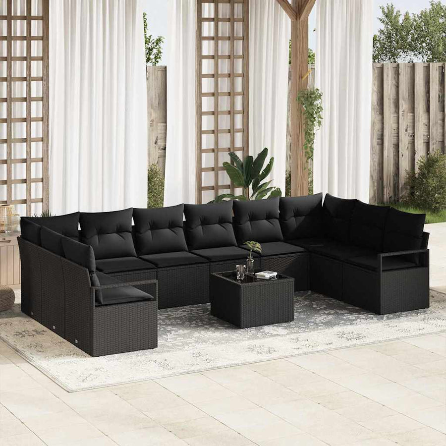 Tuinbankenset met kussen met opslag 11 pcs Zwart poly rattan