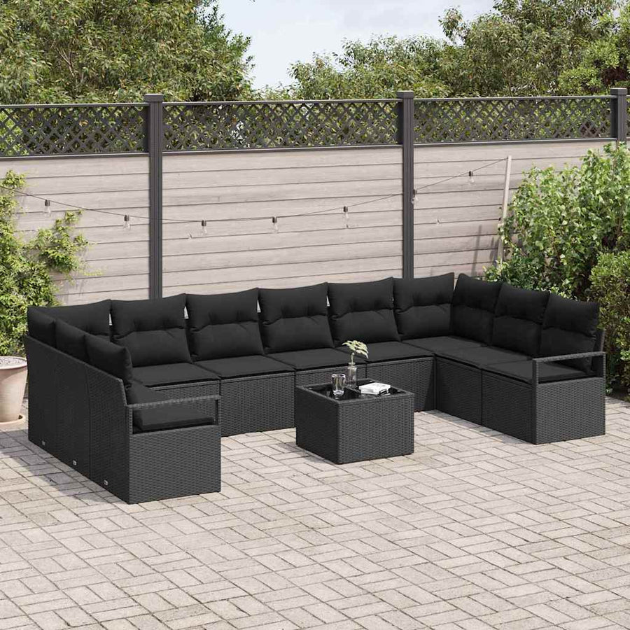 Tuinbankenset met kussen met opslag 11 pcs Zwart poly rattan