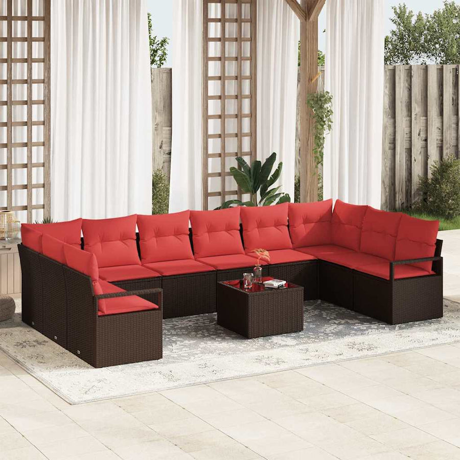 Tuinbankenset met kussen 11 pcs Bruin en Rood poly rattan