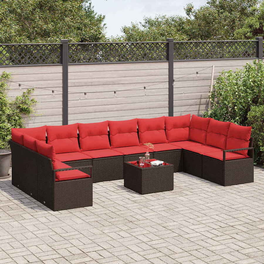 Tuinbankenset met kussen 11 pcs Bruin en Rood poly rattan