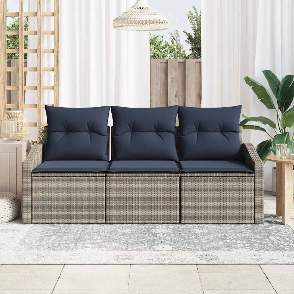 Tuinbankenset met kussen 3 pcs Grijs en Marineblauw poly rattan