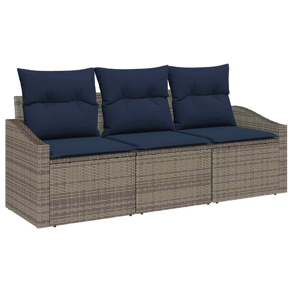 Tuinbankenset met kussen 3 pcs Grijs en Marineblauw poly rattan