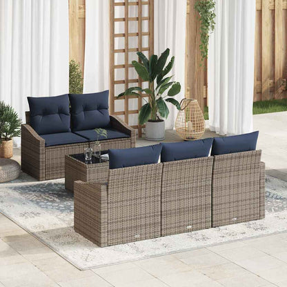Bankstel met kussen 6 pcs Grijs en Marineblauw poly rattan