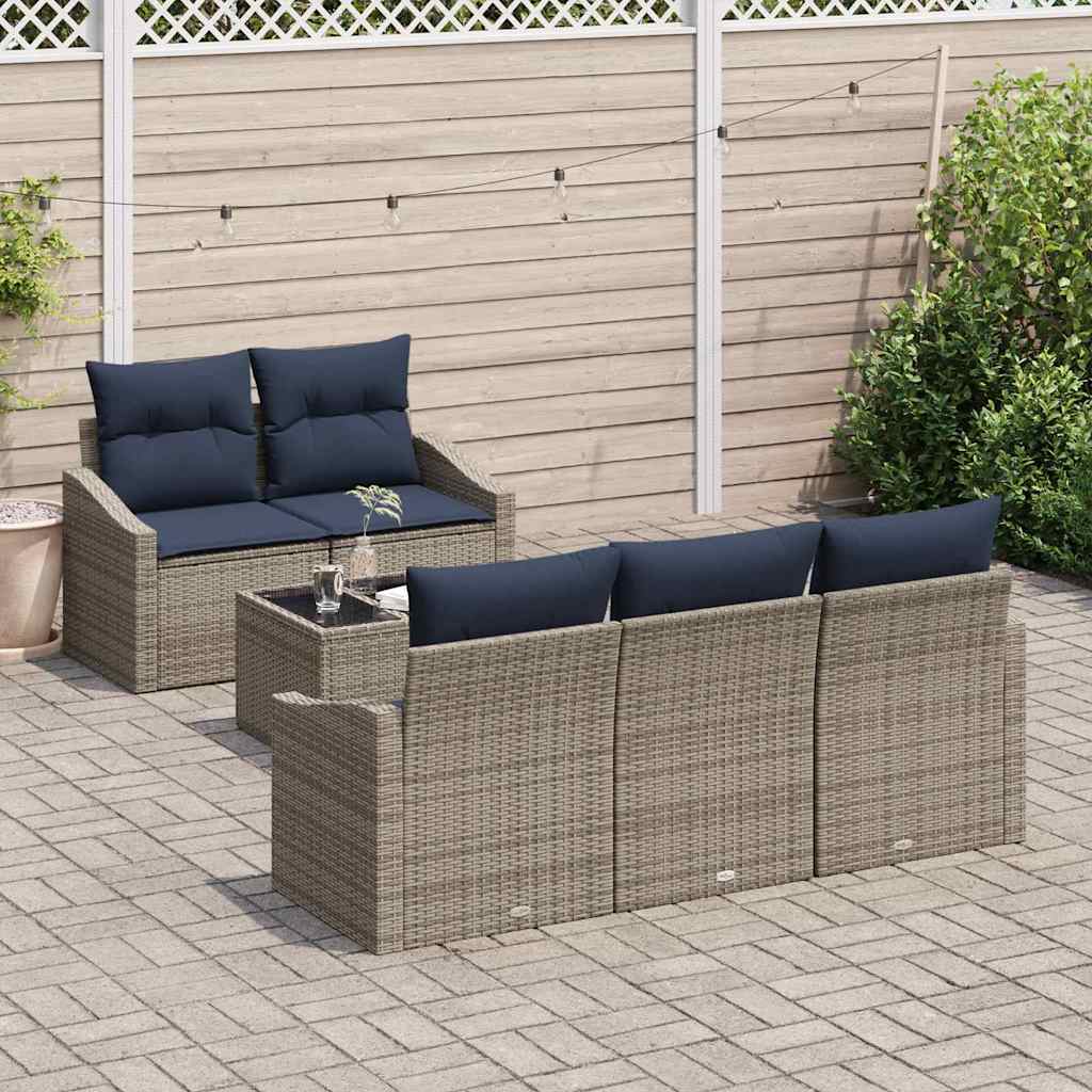 Bankstel met kussen 6 pcs Grijs en Marineblauw poly rattan