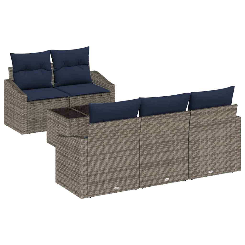Bankstel met kussen 6 pcs Grijs en Marineblauw poly rattan