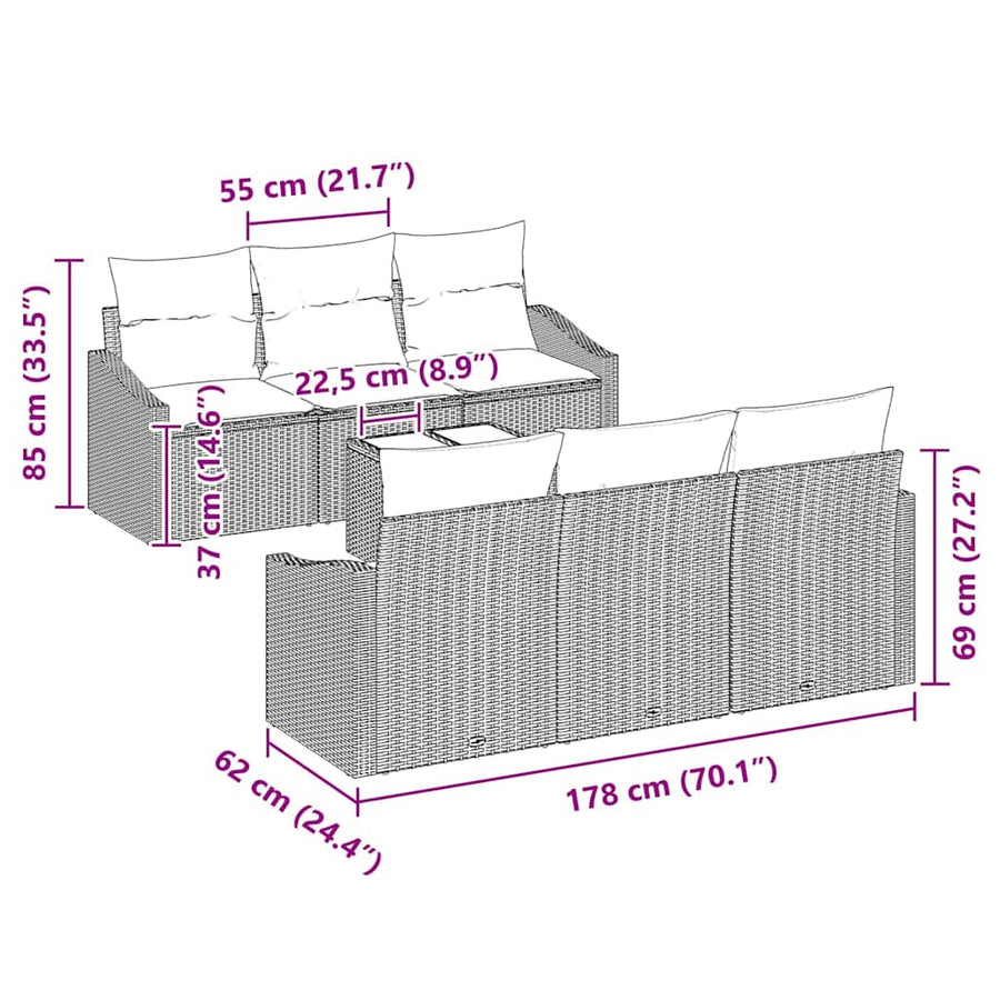 Bankstel met kussen met opslag 7 pcs Zwart en Crème poly rattan
