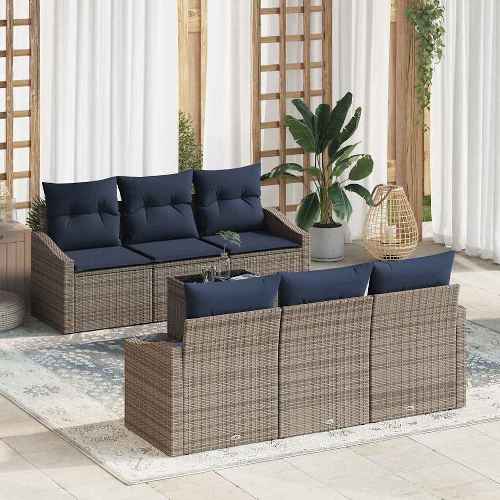 Bankstel met kussen 7 pcs Grijs en Marineblauw poly rattan