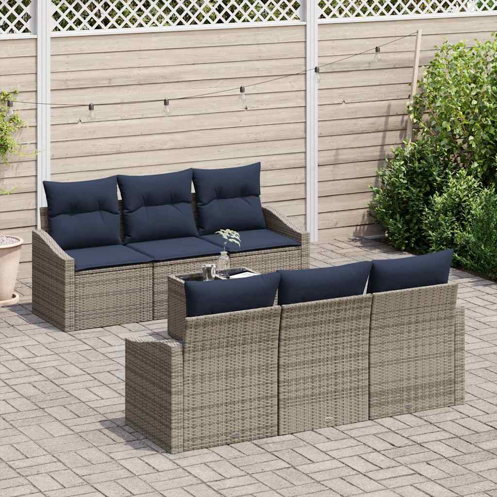 Bankstel met kussen 7 pcs Grijs en Marineblauw poly rattan