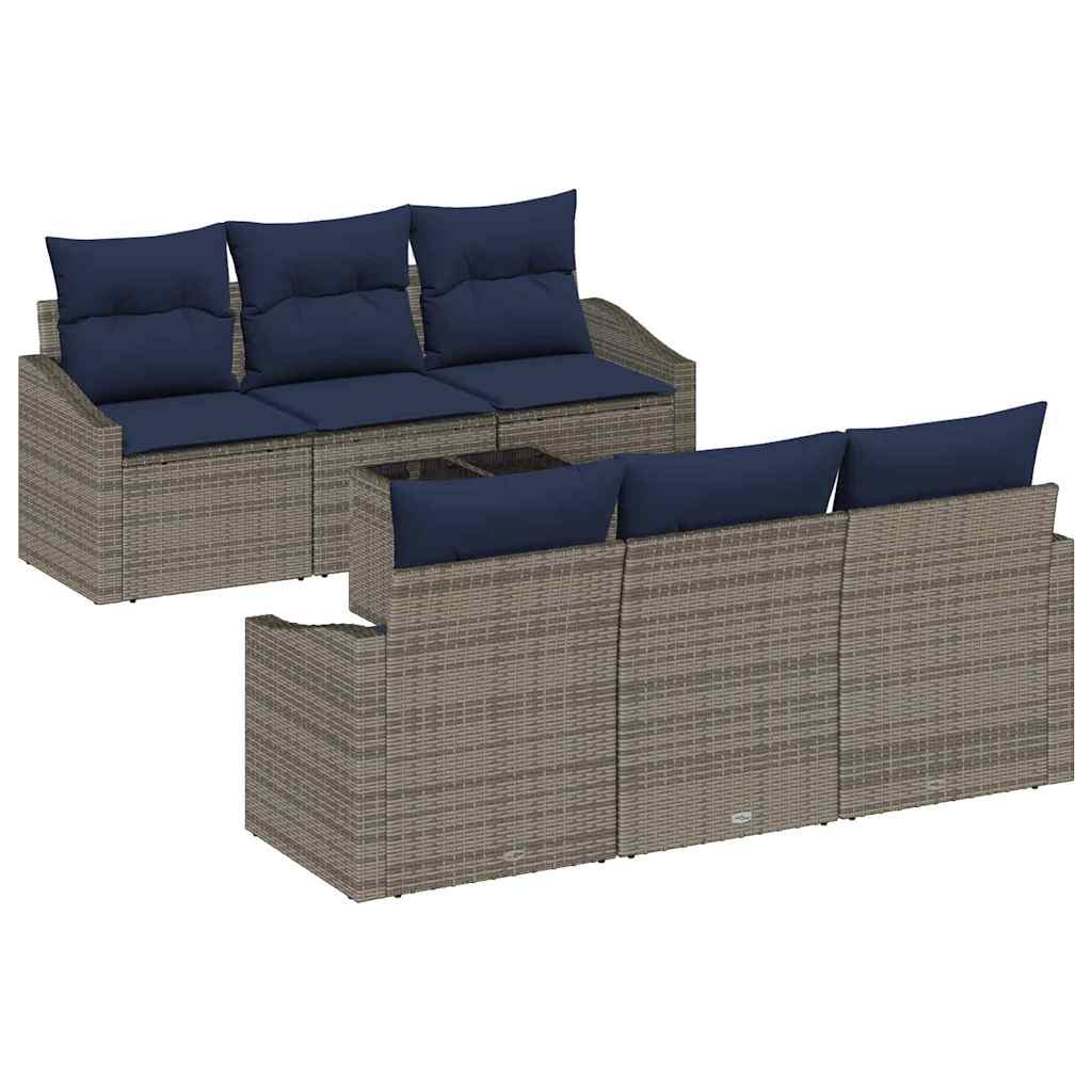 Bankstel met kussen 7 pcs Grijs en Marineblauw poly rattan
