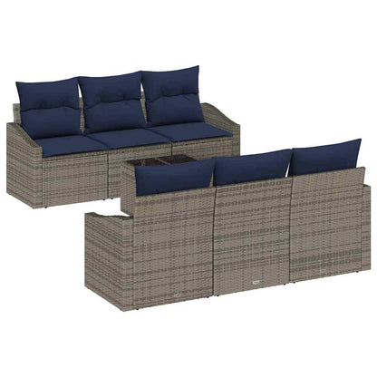 Bankstel met kussen 7 pcs Grijs en Marineblauw poly rattan