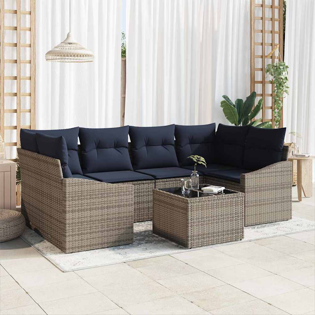 Bankstel met kussen 7 pcs Grijs en Marineblauw poly rattan
