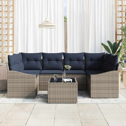 Bankstel met kussen 7 pcs Grijs en Marineblauw poly rattan