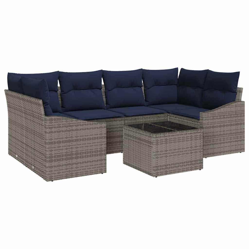 Bankstel met kussen 7 pcs Grijs en Marineblauw poly rattan