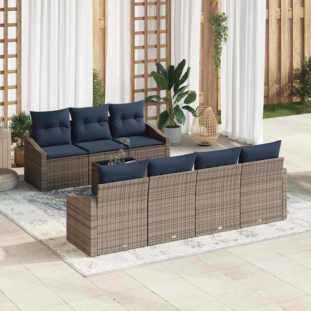 Bankstel met kussen 8 pcs Grijs en Marineblauw poly rattan