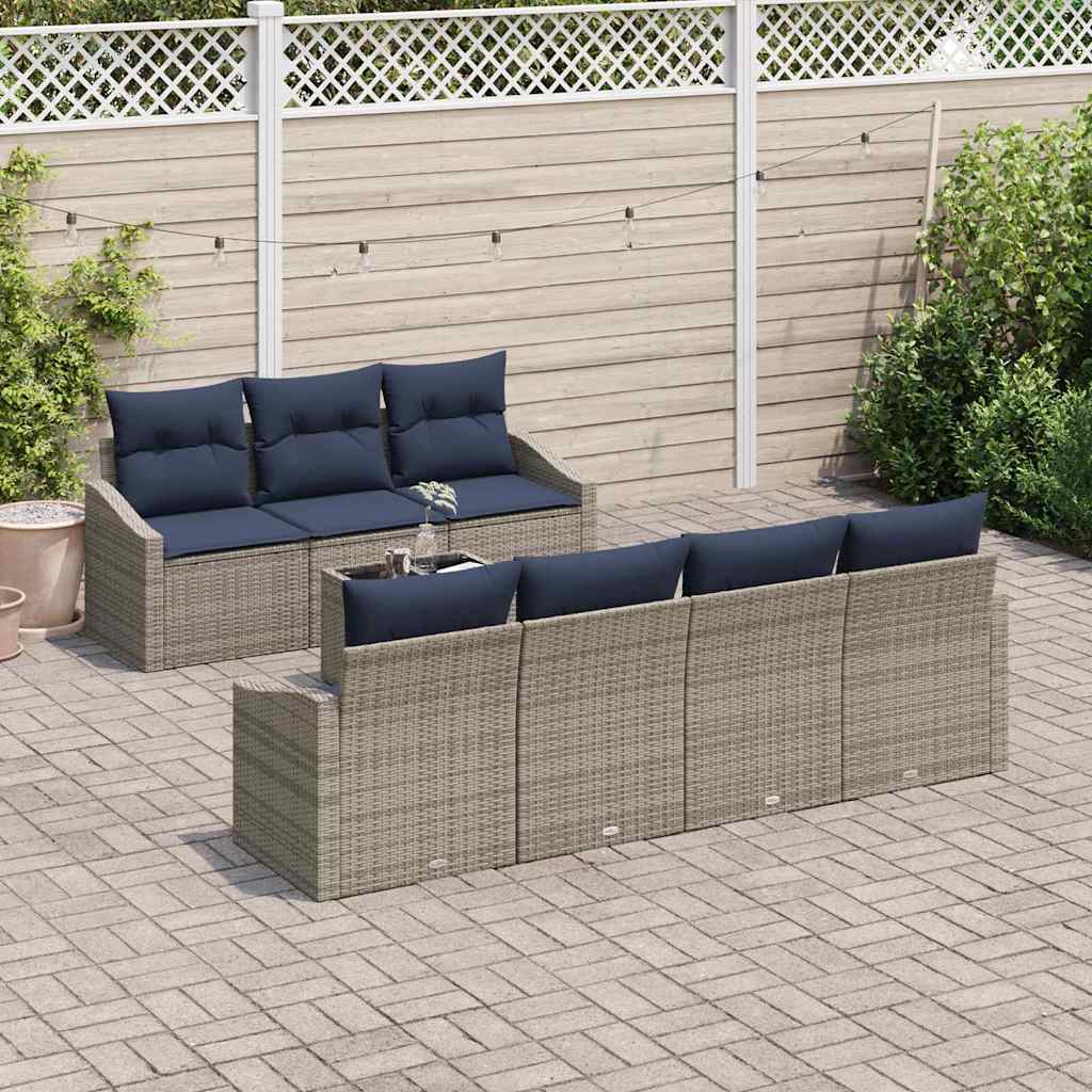 Bankstel met kussen 8 pcs Grijs en Marineblauw poly rattan