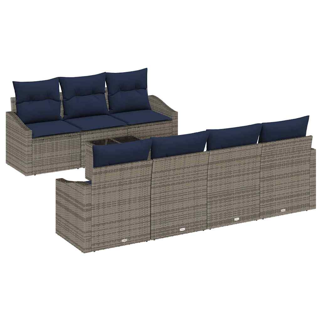 Bankstel met kussen 8 pcs Grijs en Marineblauw poly rattan