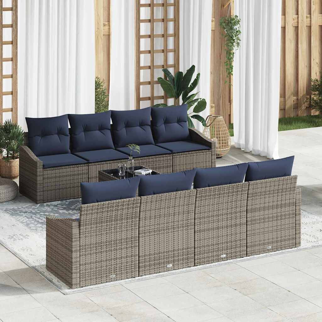 Bankstel met kussen 9 pcs Grijs en Marineblauw poly rattan