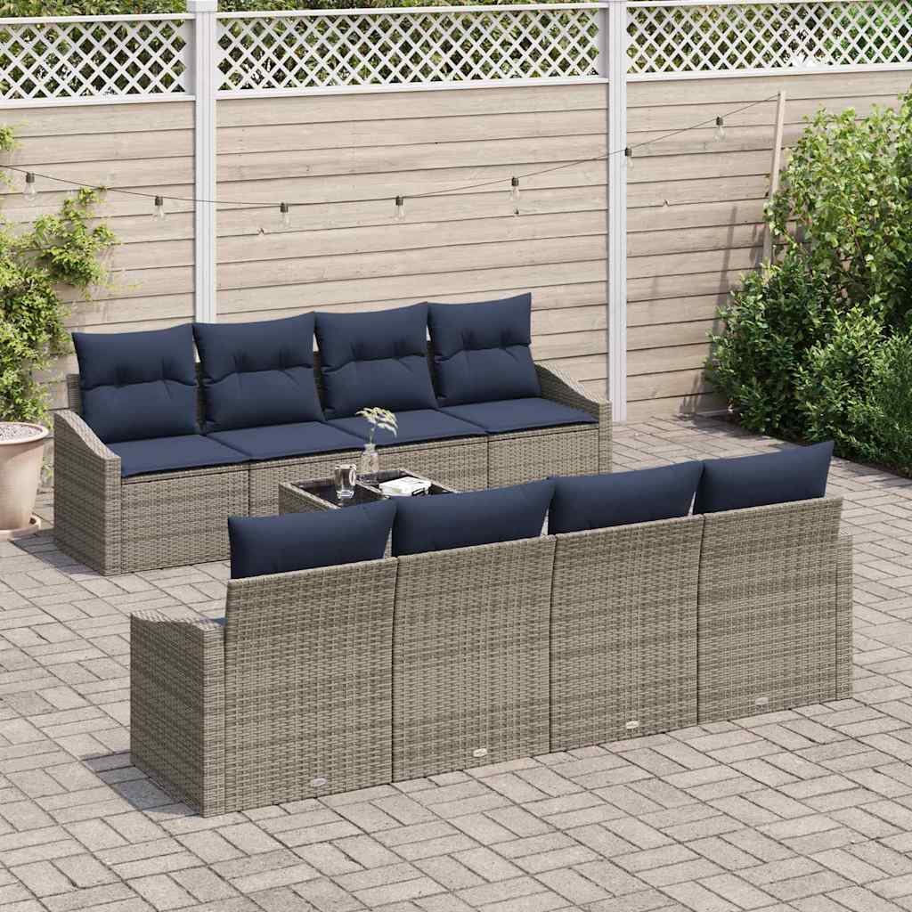 Bankstel met kussen 9 pcs Grijs en Marineblauw poly rattan