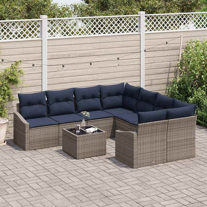 Bankstel met kussen 9 pcs Grijs en Marineblauw poly rattan