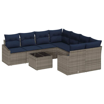 Bankstel met kussen 9 pcs Grijs en Marineblauw poly rattan