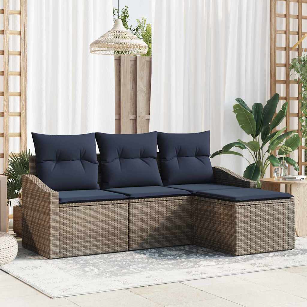 Bankstel met kussen 4 pcs Grijs en Marineblauw poly rattan