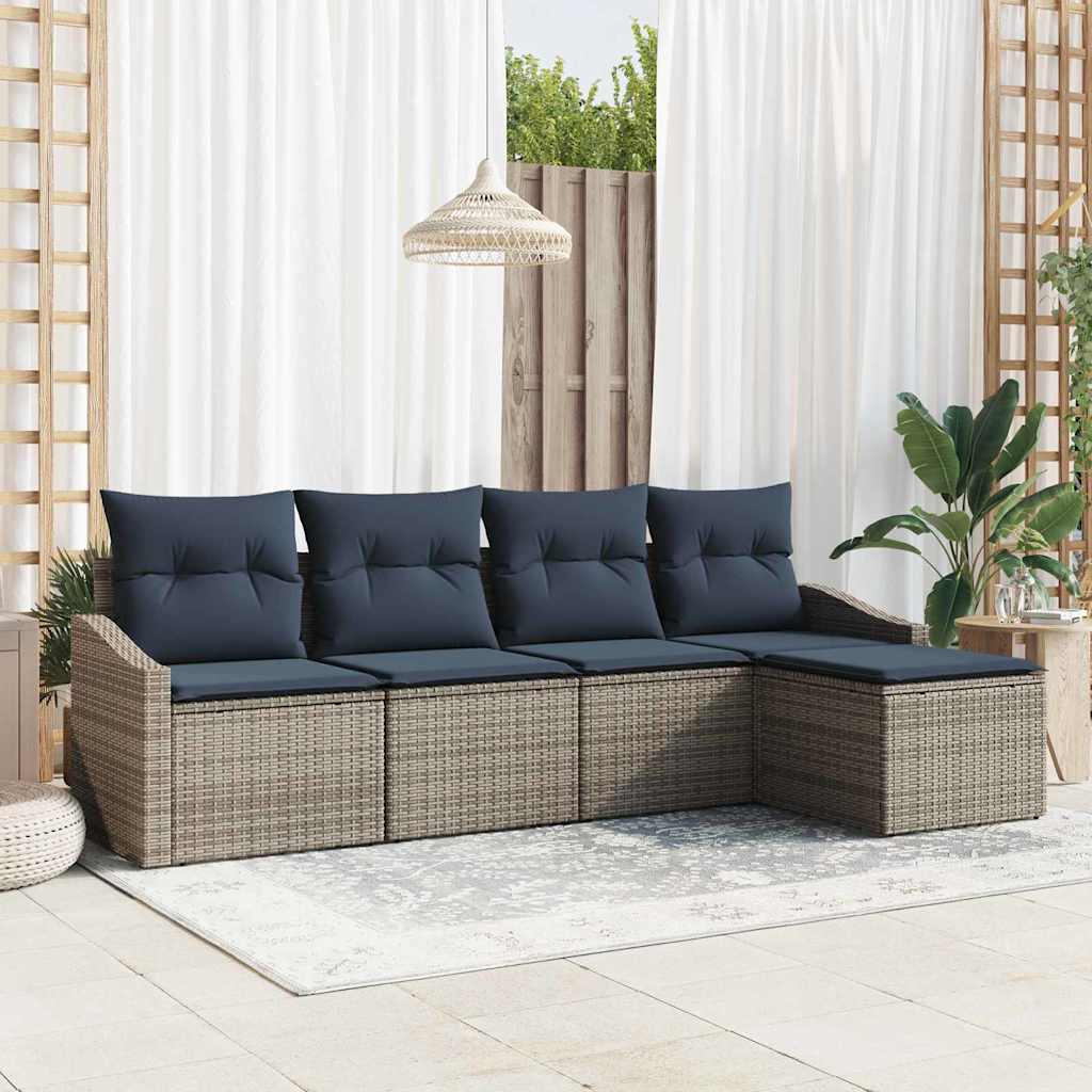 Bankstel met kussen 5 pcs Grijs en Marineblauw poly rattan
