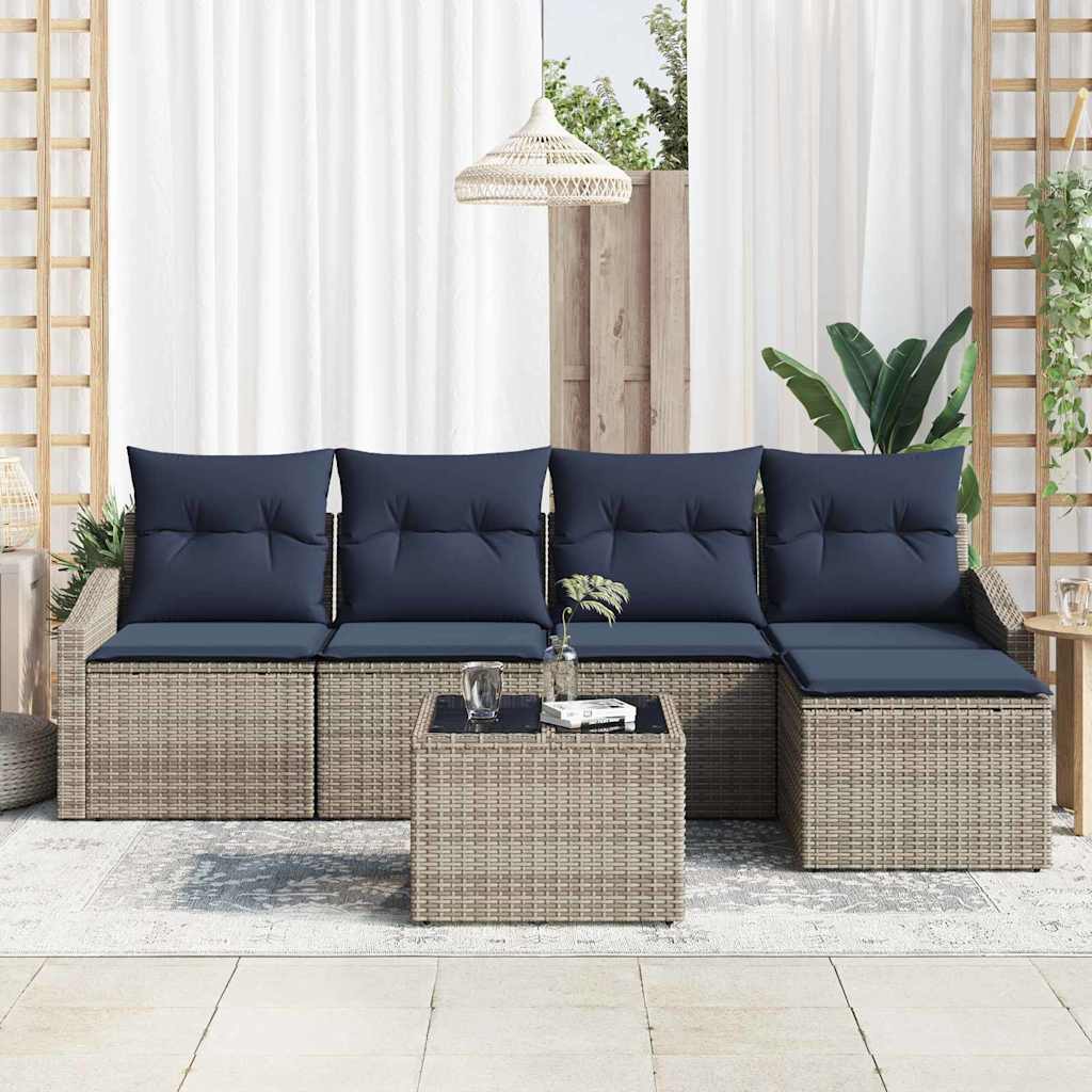 Bankstel met kussen 6 pcs Grijs en Marineblauw poly rattan