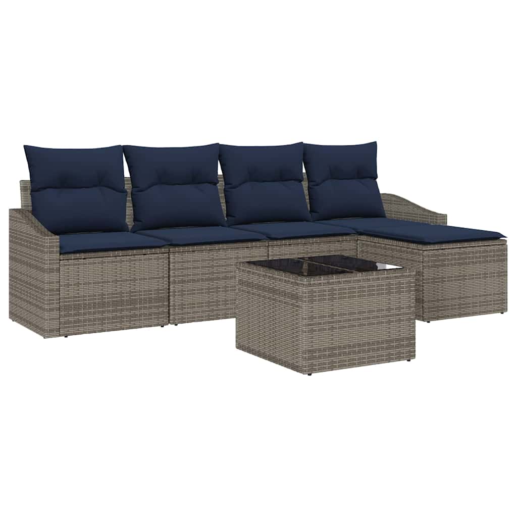 Bankstel met kussen 6 pcs Grijs en Marineblauw poly rattan