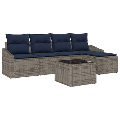 Bankstel met kussen 6 pcs Grijs en Marineblauw poly rattan