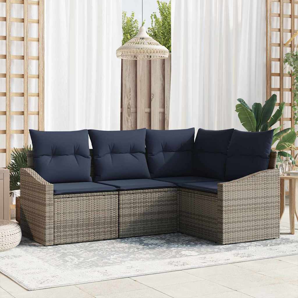 Tuinbankenset met kussen 4 pcs Grijs en Marineblauw poly rattan